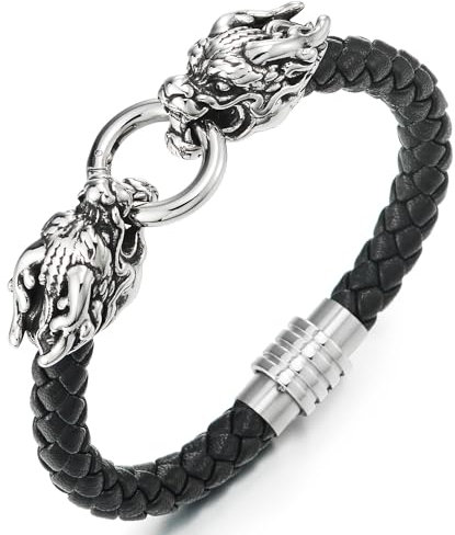 COOLSTEELANDBEYOND Drachen Leder Armband, Herren Damen Edelstahl Geflochtenen Leder Armreif Schweißband mit Zwei Drachen Kopf und Ring