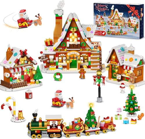 PLAXSOON Weihnachts Lebkuchenhaus Mini Bauspielzeug mit Lichtern, Weihnachtsdorf Bausatz mit Weihnachtsbaum Zug Heimdekoration, Klemmbausteine Geschenk für Erwachsene Kinder Mädche Jungen ab 14+