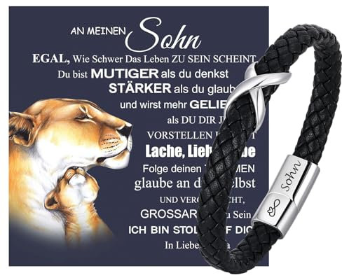 Armband Herren Mutter Sohn Geschenk - Lederarmband Männer mit Unendlichkeitszeichen Armbänder für Mein Sohn mit Spruch von Mama Papa, 18. Geburtstag Junge Geburtstagsgeschenk für 16 19 21 Jährige