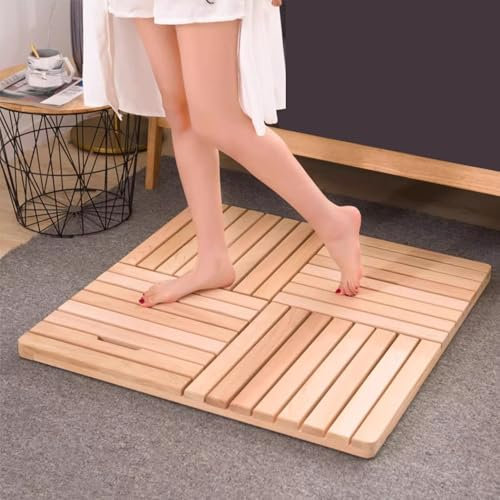 Blazea Cuadrado Alfombra Ducha Antideslizante para Cuarto de Baño, Lujo Plato de Ducha Madera Maciza (no Pintada), Resistente Tarima Ducha Madera con Almohadilla de Goma Antideslizante(60x70cm)