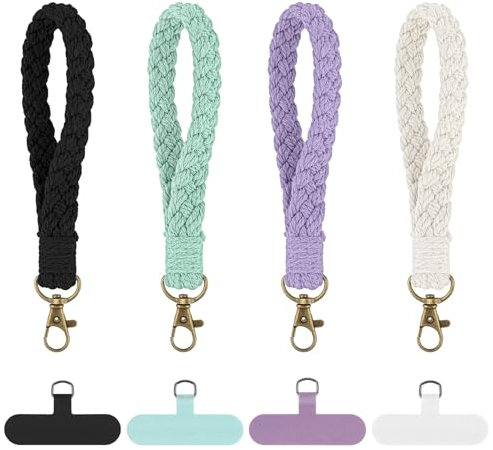 Classicseali 4 Stück Geflochtener Schlüsselanhänger,Boho Makramee Schlüsselanhänger,Makramee Anhänger,Armband Schlüsselband Kurz,Handgelenk Lanyard(Schwarz+Beige+Grün+Lila)