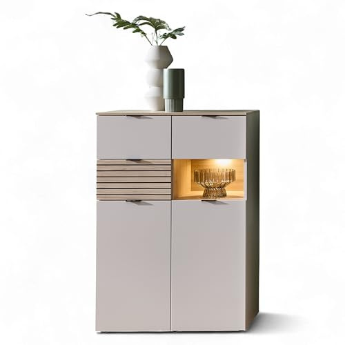 Stella Trading INA Highboard in Kaschmir, Riva Eiche Optik FSC-Zertifiziert - Moderner Wohnzimmerschrank mit Schubladen und LED-Beleuchtung - 84 x 125 x 45 cm (B/H/T)