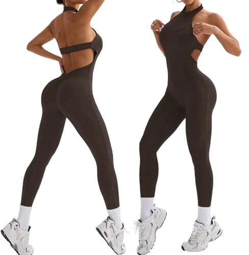 XDSP Jumpsuit Damen Ärmellos Yoga Bodysuit Rückenfreie Padded Einteiler Sportkleidung Overall Elegant Ganzkörperanzug Scrunch Sexy Workout Sport Strampler Gym Stretch Yoga