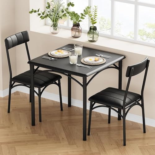 Salutmeuble 3-teiliges Küchentisch-Set, Tisch und Stühle für 2, quadratischer Esstisch aus Metall und Holz mit 2 gepolsterten Stühlen, Esstisch für kleine Räume (Tiefschwarz)
