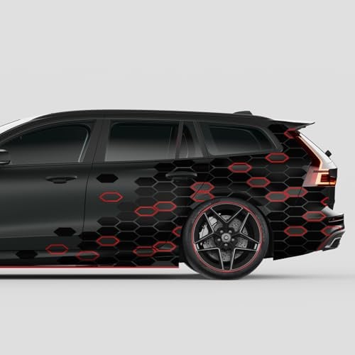 Finest Folia 2er Set XXL Wabenaufkleber Auto Motorrad Bus 200x60 cm Hexagon Aufkleber Kfz Tuning Sechseck Wabenmuster Folie für Auto Wohnmobil Transporter KX083 (05 Schwarz Glanz/Karminrot)