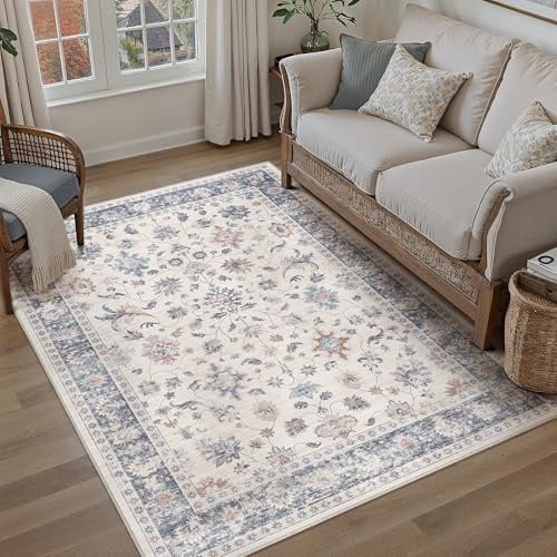 PureCozy Teppich Wohnzimmer 120x170cm Waschbarer Teppiche,Blau&Weiß | Blumenmuster,Waschbar, Rutschfest, Kurzflor, Weich, Schlafzimmer, Esszimmer, Büro, Flur, Kinderzimmer
