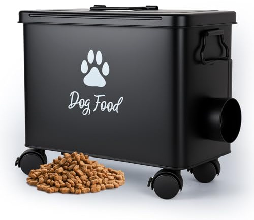 Himake Dog Food Container 13lb, Cute Airtight Pet Food Storage Containers with Metal Lid Scoop, Black Metal Storage Bin for Dog/Cat with Wheels,Easy to Move
