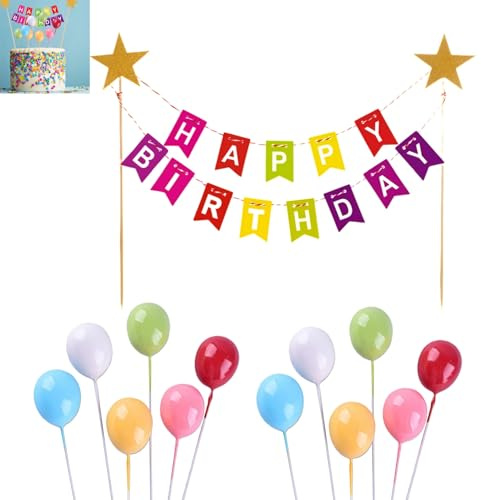 Zpeiran Rainbow Cake Decorations,1pcs Happy Birthday Cake Topper Bunting with 12pcs Mini Colorful Balloon Cupcake Toppers for Theme Birthday Party Decoration for Kids Girls Boys