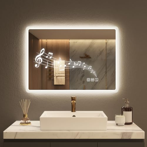 STARLEAD Bluetooth Badezimmerspiegel-mit-Beleuchtung 50x70cm, Dimmbar, 3 Lichtfarben, LED-Spiegel-Bad mit Entfoggen, Speicherfunktion, IP44, Hartglas, Horizontal/Vertikal