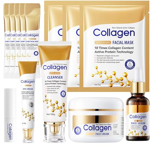 13 Stück Collagen Skin Care Set, Anti Aging Korean Skincare Set Damen | Feuchtigkeit & Straffend Gesichtspflege Set mit Gesichtsreiniger, Creme, Serum, Maske & Lippenbalsam, Damen Geschenkset