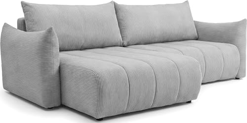 Ecksofa mit Schlaffunktion & Bettkasten – Skandi 4-Sitzer Schlafsofa in L-Form – Freistehende Eckcouch, Ottomane Links oder Rechts Montierbar – Liegefläche 220 × 145 cm – Cordstoff Grau, Hellgrau