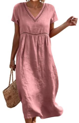 Onsoyours Robe D'Été Femme Longue Boheme Élégant Manches Courtes Midi Dress en Coton Lin Plage Décontractée Chic Trapèze Légère Fluide Robes Soirée