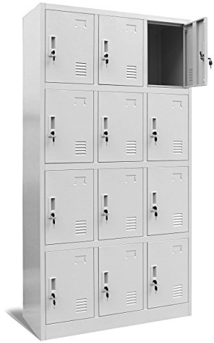 Jan Nowak Wertfachschrank 3B4A Fächerschrank Schließfachschrank mit 12 Fächern Metallspind Umkleideschrank Stahlblech Pulverbeschichtung Farbwahl 185 cm x 90 cm x 40 cm (H x B x T) (Grau)