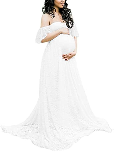 ZIUMUDY Fotografie Umstandskleid Schulterfrei Spitze Baby Shower Schwangere Hochzeit Kleid