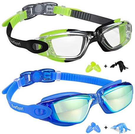 EverSport Kids Swim Goggles, Pack of 2 Swimming Goggles for Children Teens, Portable Anti-Fog Anti-UV Youth Swim Glasses Leak Proof for Age4-16, Green/Black & Mirrored Blue