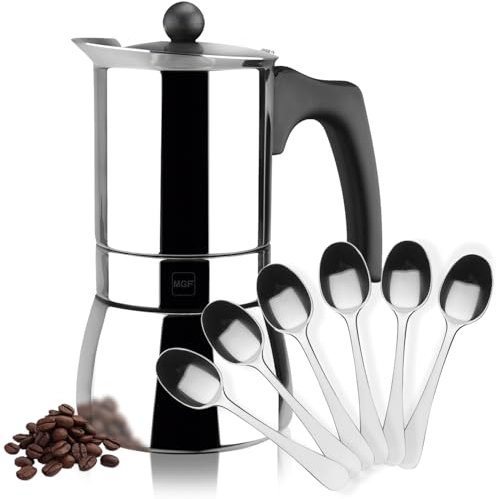 MAGEFESA Genova - Pack Exclusivo Cafetera Italiana Plateada 6 Tazas + 6 Cucharillas Moka, 300ml, Acero Inoxidable, Todo Tipo de Cocinas, Inducción