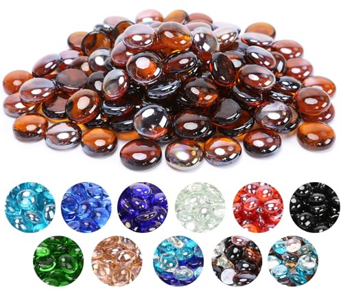 Grisun 1/2 inch Amber Fire Glass Beads for Fire Pit - 10 Pound Reflective Round Fireglass Drops, Decorative for Fireplace, Fire Table, Vase Fillers and Landscaping