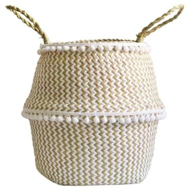 Cesta plegable para la colada – elegante tejida a mano de paja de algas marinas cesta de flores con pompón y asa para plantas, maceta, juguetes, ropa, organizador, bolsa de playa – caqui y blanco