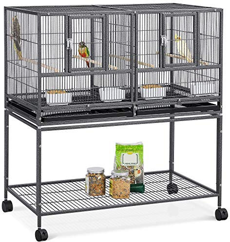 Yaheetech Cage d'elevage pour Oiseaux avec Deux Espaces Divisés Cage pour Petit Oiseaux Exotiques Canaris Madarin Perruche avec Mangeoires Perchoirs 2 Portes Support Roulant 95 x 45 x 105 cm