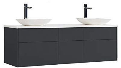 StoneArt Badmöbel Set Mineralguss Waschbecken Waschschale Aufsatzwaschbecken und Unterschrank Waschtisch Einzel- oder Doppelwaschbecken Venice VE-1610pro-2 dunkelgrau 160cm