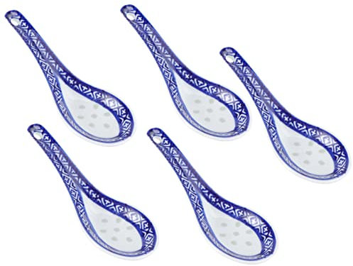 DOITOOL Ceramic Chinese Soup Spoons :5pcs Asian Ceramics Rice Ramen Spoon ,Blue and White Flower Glaze Porcelain Chinese Japanese Appetizer Tableware