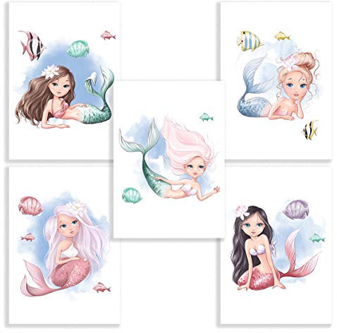 Klasse 5er Set Bilder Meerjungfrau Unterwasser Dekobilder Jugendzimmer Kinderzimmer Babyzimmer Mädchen Bilderset Poster DIN A4 Dekoration Meer Meerjungfrauen Mermaid (ohne Rahmen)