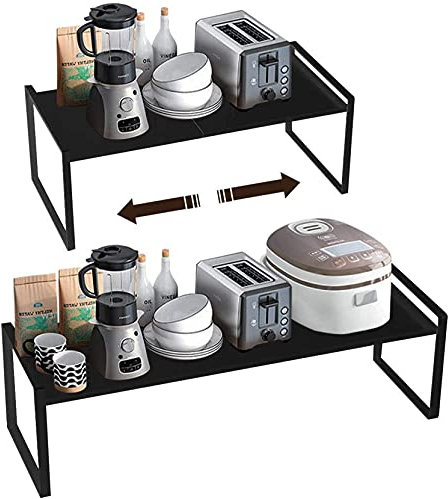 KZOBYD Erweiterbar Küchenregal, Faltbares Küchenschrank Regal Küchen Gewürzregal Organizer für Geschirr und Vorräte Stapelbarer Küchenablage Organizer für mehr Abstellfläche (Schwarz, L)