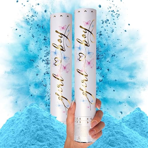 PrimePure Cañón de Confeti para Revelación de Género - Cañones de Polvo Biodegradables Bomba de Humo - Azul, Pack de 2 - Lanzadores de Confeti para Revelación de Género de Niño