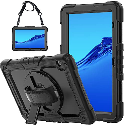 Heavy Duty Shockproof TPU Case for Huawei MediaPad T5 (10.1 inch),Protective Cover W Screen Protector+Rotating Kickstand+Handle+Shoulder Strap(Black)