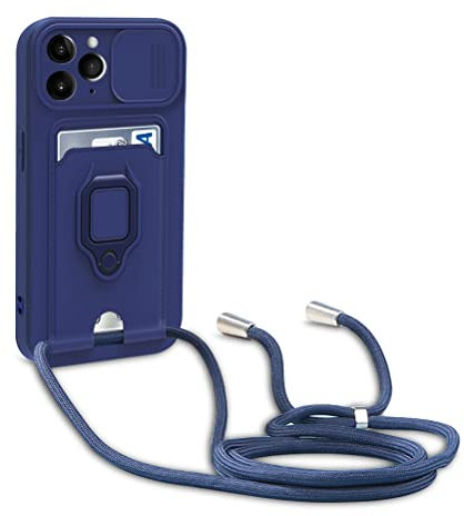 yanasuo Camera Protection Lanyard Phone Case for iPhone 11 Pro, Card Holder, Slide Camera Cover, Silicone Cord Strap rope Shell TPU Shockproof Bumper Cover-Blue