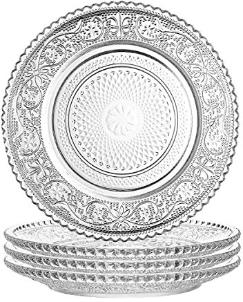 Sizikato 4pcs Clear Glass Snack Plate with Lace Trim, 6-Inch Dried Fruit Plate Dessert Plate for Home and KTV
