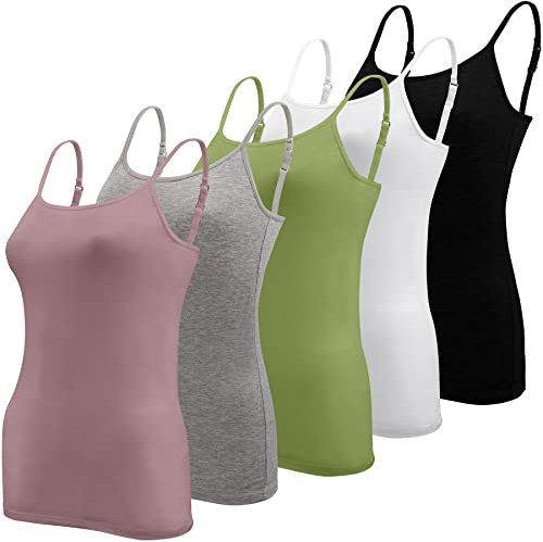 BQTQ 5 Pièces Femme Débardeur Bretelles Camisole Débardeurs Basique Caraco Réglables Camisole Top pour Femme et Fille, Noir, Blanc, Gris, Vert Olive, Brun Rosé, M