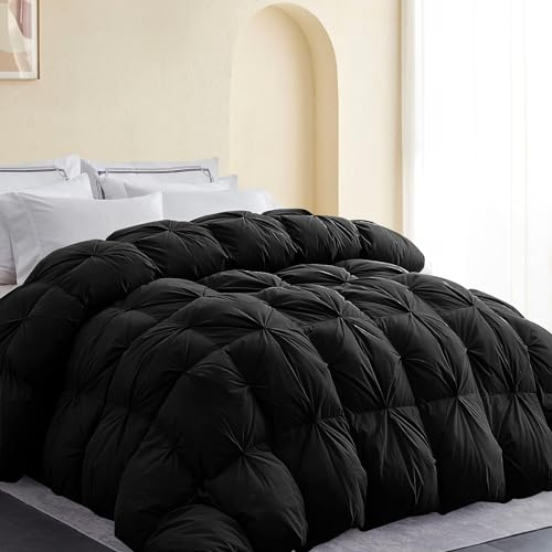 SNOWMAN Ganzjahresdecke aus 75% Daunen, King-Size-Bett, Quetschfalten, Bettdecke mit 8 Ecklaschen, mittelwarme Bettdecke, weiches und strapazierfähiges daunendichtes Baumwoll-Mischgewebe (schwarz,