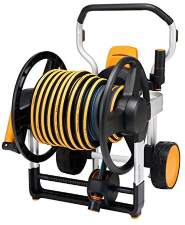 Fiskars Waterwheel XL manual con ruedas, Set de riego todo incluido, Enrollado manual, Alcance total 21,5 m, Manguera de jardín de tamaño universal (Ø 13 mm), Conector universal para grifo, 1062256