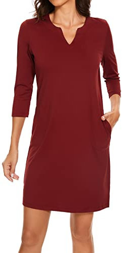 Lightbare Damen Kleid mit 3/4-Ärmeln und Taschen, LSF 50+, lässiges Sonnenkleid, atmungsaktiv, schnell trocknend, für Strand, Wandern, Outdoor, Party, Weinrot, Klein
