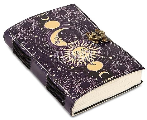 ANANYOM Handmade Leather Journal, Purple, Sun & Moon Vintage Leather Notebook Diary Sketchbook, Brass Clasp Lock Journal for Men & Women, Journal Handmade Unruled 200 Pages, Size 7 (L) x 5 (W) inches