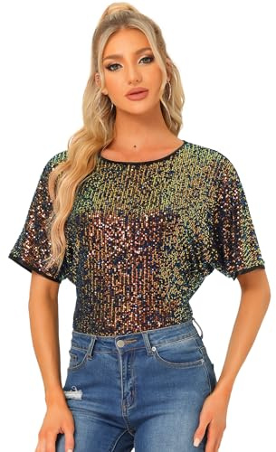Allegra K Damen Festliches Oberteil Pailletten Oberteile Kurzarm Rund Halsausschnitt Party Glitzer Top Mehrfarbig S