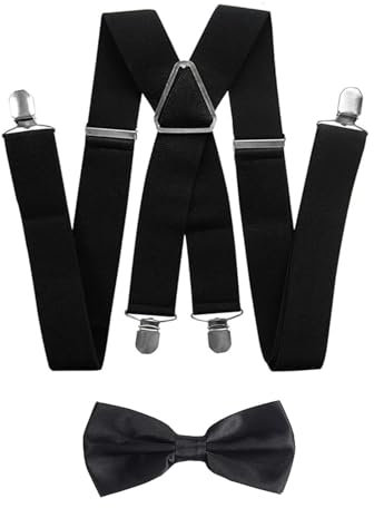 LMOGWL X-förmige Hosenträger mit Fliege Set, Herren verstellbarer Fliegenträger mit sehr stabilen 4pcs Metallclips, Hosenträger mit verstellbarer Elastizität, ideal für Unisex Größen (Schwarz)