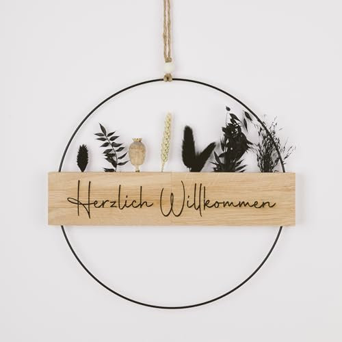 Trockenblumenkranz - Türkranz Herzlich Willkommen - Türkranz Trockenblumen - Türkranz personalisiert - Willkommensschild - (Trockenblumen Schwarz)