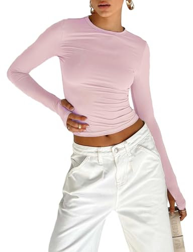 Geagodelia T-Shirt Femme Slim Moulant à Manches Longues Haut Court Crop Top Sexy Chic Couleur Uni, (Rose B, S)