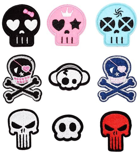 Paquete de 9 parches para planchar con diseño de calavera de corazón, para coser y planchar, para ropa, chaqueta, jeans, bolsas, mochilas