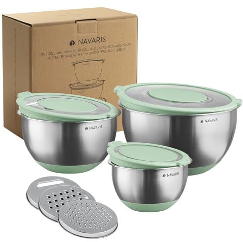 Navaris 3X Bol INOX avec Couvercle - 3X Saladier en Acier Inoxydable avec Râpes - 3 Tailles Différentes - Boîte pour Conservation des Aliments avec Couvercle Transparent