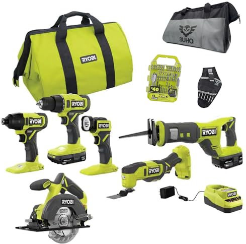 6 Power Tools Combo Kit Bundle with Buho Tool Bag, and Holster, 6 Ryobi Tools, 2 Batteries, Charger, and 40 Piece Drill Bit Set