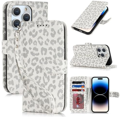 Zouzt Case for iPhone 14 Pro (6.1 Inch), Premium PU Leather Wallet Case with Credit Card Holder Slot Flip Folio Kickstand Shockproof Protective Phone Cover (White Leopard Pattern)