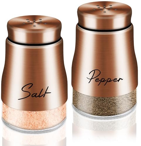 holoith Copper Salt and Pepper Shakers Set, 5 oz Glass Bottom Salt Shaker with Stainless Steel Lid Modern Farmhouse Kitchen Decor and Accessories for Restaurant, Wedding, Housewarming Gifts (Copper)