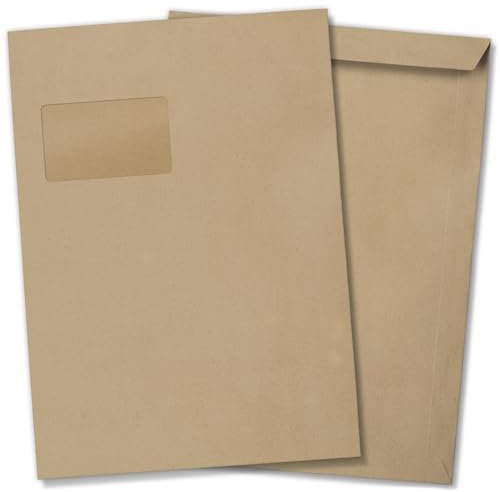 Einladungskarten Manufaktur Hamburg 50 x Briefumschläge MIT Fenster DIN C4 für A4 (229 x 320 mm), gerade Klappe, selbstklebend, braun, 110 g/qm Bewerbung und Dokumente