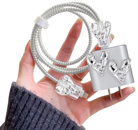 DiyGody Cute Cable Protector for iPhone 18W/20W Charger Adapter with Electroplated 3D Love Heart Pattern,Wave Edge Soft Data Line USB Cover Wire Cord Saver phone Cord Protector for iPhone Charger