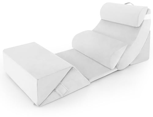Multigot 7PCS Bed Wedge Pillows, Adjustable Memory Foam Sleeping Support Pillow Set with Washable Cover, Orthopedic Incline Cushion System for Acid Reflux, Post Surgery, Pain Relief (White)