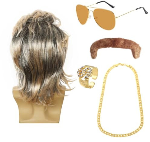 XNIVUIS Vokuhila Perücke 80er 90er Jahre Outfit Accessoires Herren, 80er Mullet Perücke Herren Lang, Rocker Punk Popstar Perücke, Männer Karneval Fasching Perücke Halloween Party Kostüme (5 Pcs)