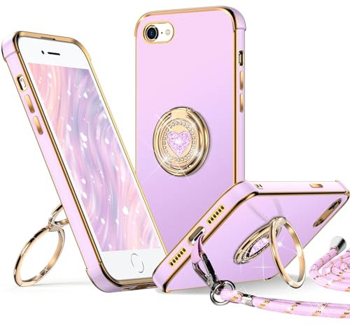 XYZ iPhone 8/7, SE 2020/22 Case with Stand, Heart Ring Holder Case with Lanyard for Women, Luxury Cute Bling Protective Phone Cover for iPhone SE, Purple
